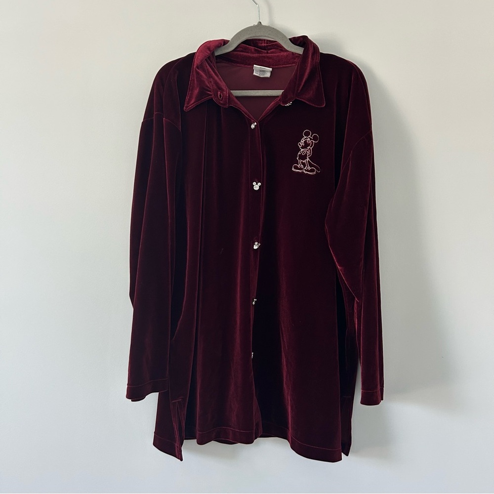 Vintage The Disney Store Velour Mickey Mouse Red Long Sleeve Button Up XXL
